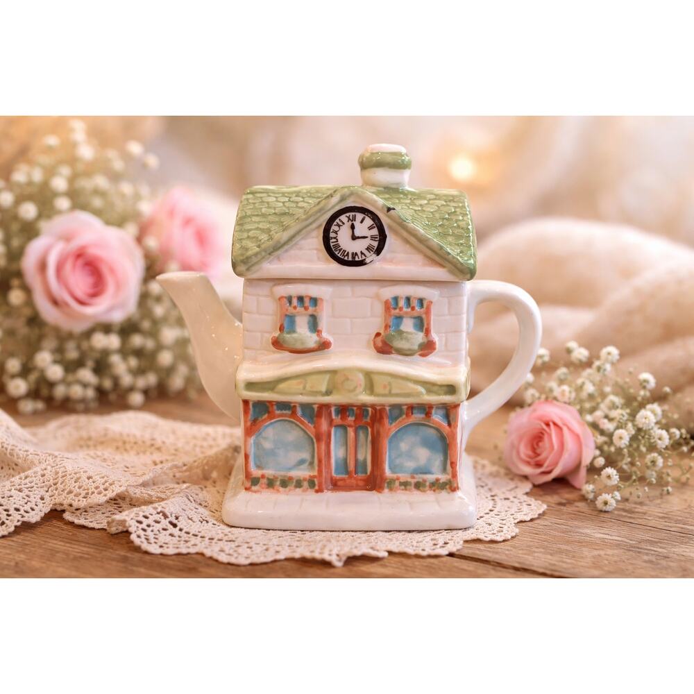 Vintage 6.5" Ceramic Cottage Clock Tower Teapot - Whimsical Hand-Painted Decor